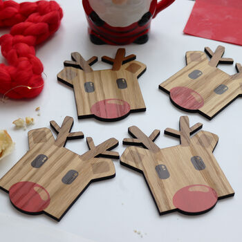 Set Of Four Wooden Reindeer Christmas Coasters, 7 of 8