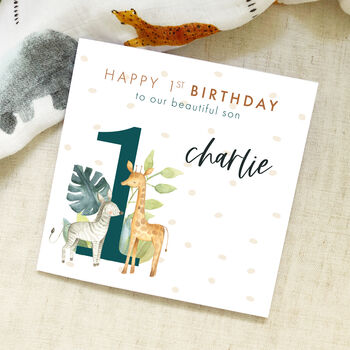 Personalised Rust Safari Giraffe 1st Birthday Card, 2 of 2