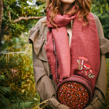 Magical Mushroom Embroidered Burgundy Velvet Circle Bag, 2 of 9