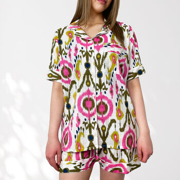 Ikat Print 100% Cotton Ladies Pyjama Short Set In White And Pink, 2 of 11