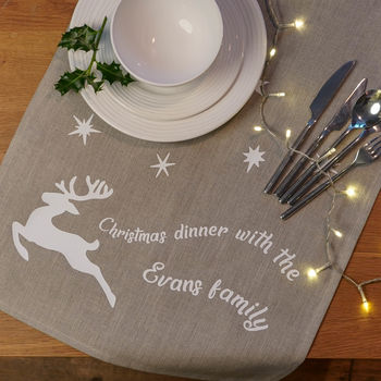 Personalised Linen Christmas Reindeer Table Runner, 2 of 3