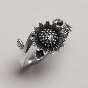Sterling Silver Adjustable Oxidised Sunflower Ring, 3 of 11