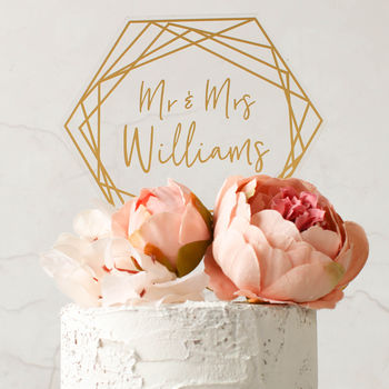 Personalised Gold Wedding Cake Topper Hexagon Shaped, 5 of 5