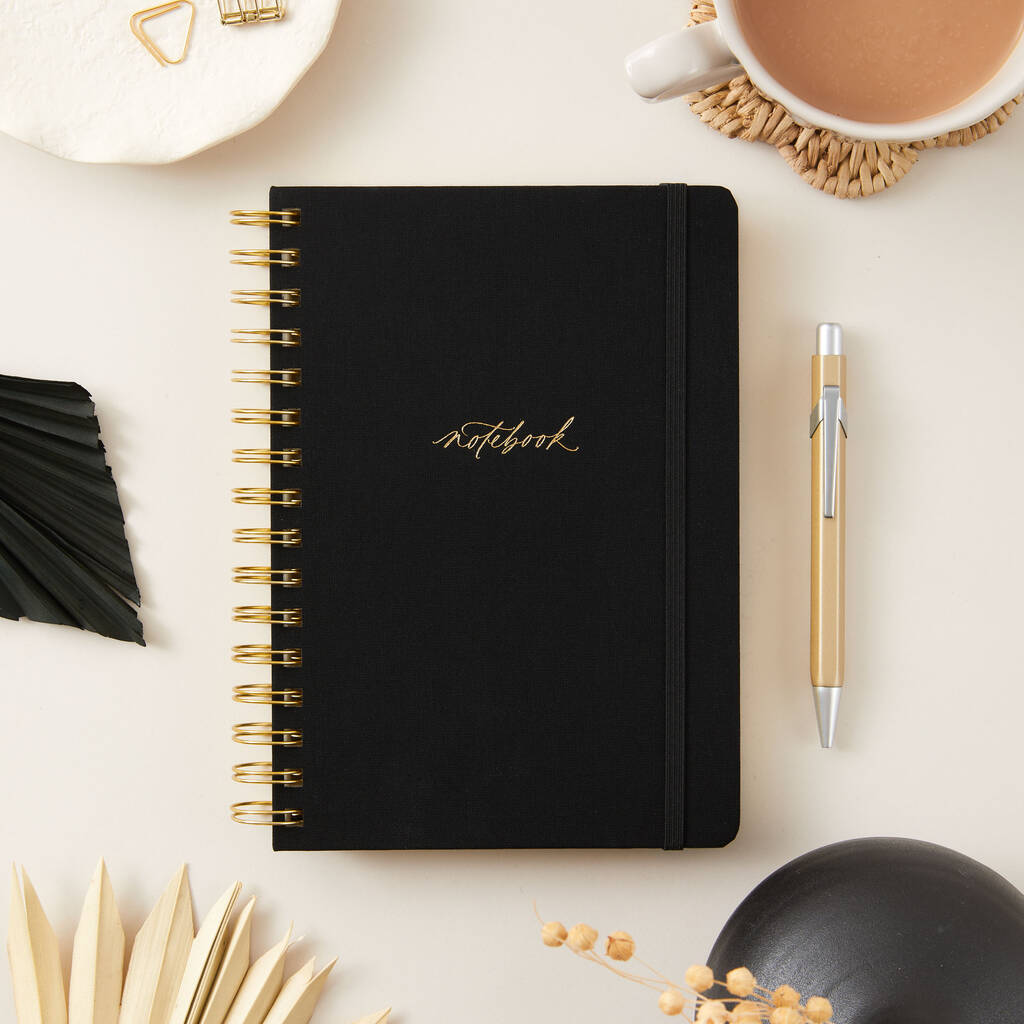 Luxury Notebook Black Cloth With Spiral By Blush and Gold