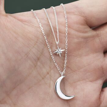 Sterling Silver Two Layer Crescent Moon And Star Pendant Necklace, 6 of 12