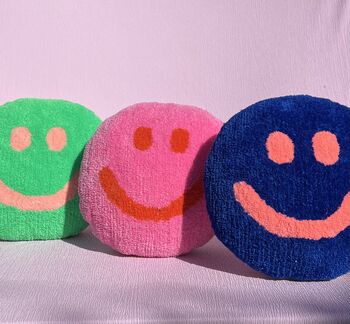 Handmade Tufted Blue And Coral Smiley Face Cushion, 2 of 5