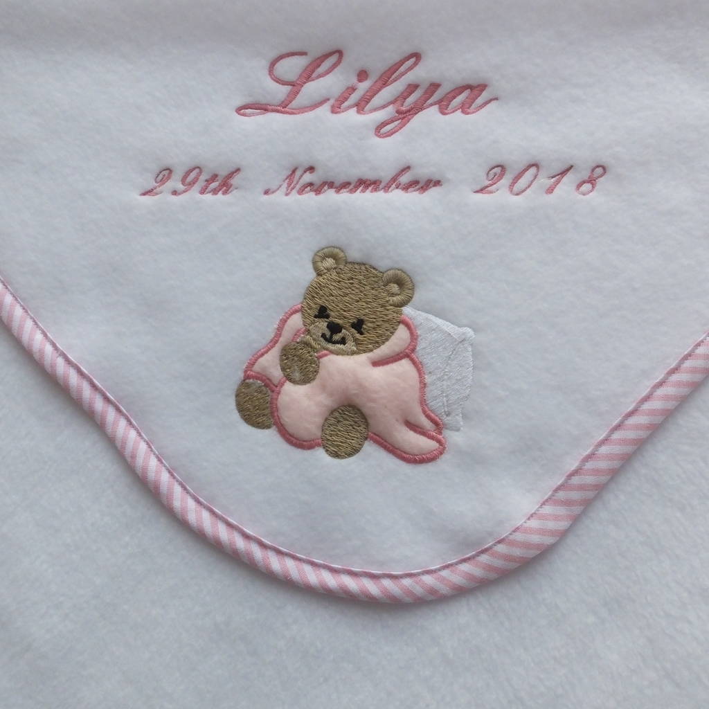 Personalised Baby Blanket With Teddy Bear Motif By Broderie Blanc