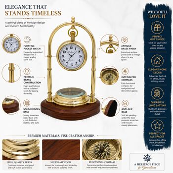Personalised Brass 24th Anniversary Desk Clock With Compass, 9 of 11