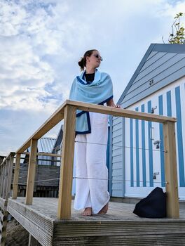 Aqua Blue Accent Border 00% Cashmere Travel Wrap Shawl Gift Boxed, 5 of 10