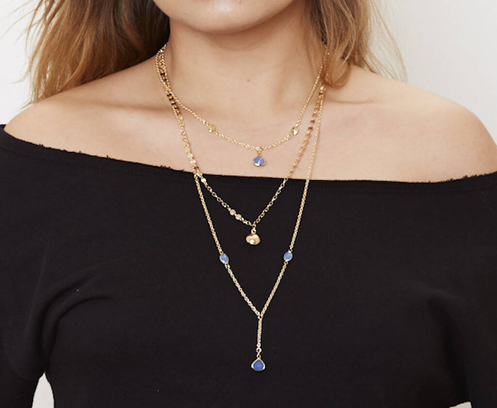 Long Gold Plated Multi Strand Blue Chalcedony Necklace, 1 of 5
