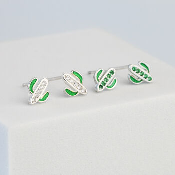 Sterling Silver Crystal Cactus Stud Earrings, 2 of 4