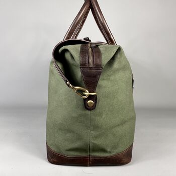Olive Green Canvas Weekend Holdall With Leather Trim, 5 of 8
