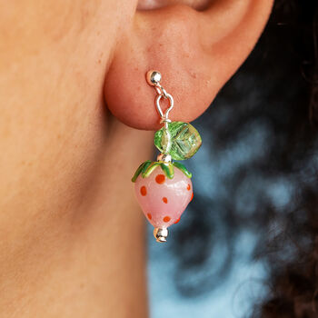 Murano Glass Strawberry And Leaf Stud Earrings, 3 of 7