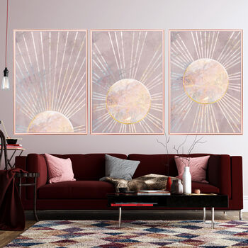 Custom Colour Set Of Three Bohemian Boho Suns Wall Art Prints, 8 of 9