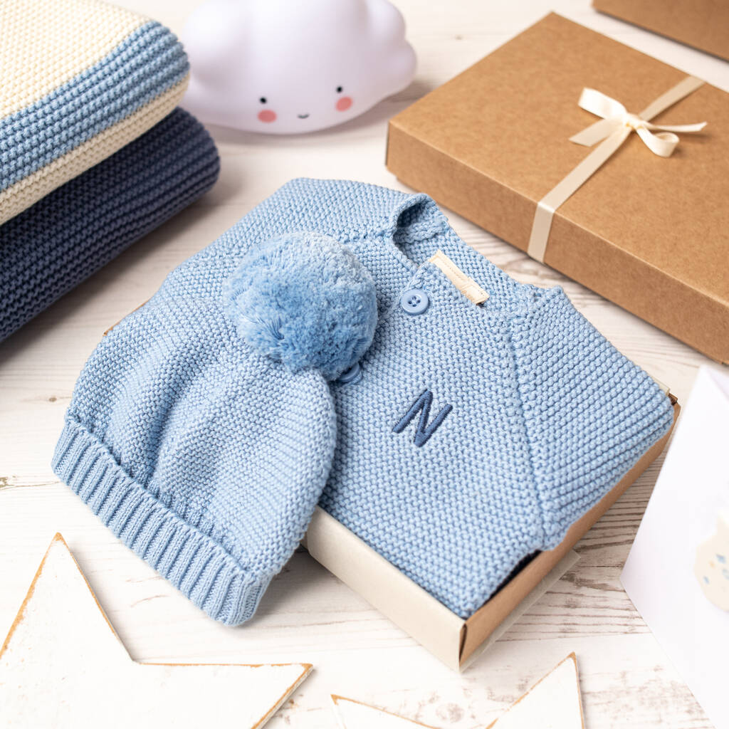 Luxury Blue Grey Bobble Hat And Cardigan Baby Gift Box, 1 of 12