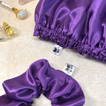 Set Of Two, Silk Scrunchie With Sleep Hair Cap, Purple, 7 of 9