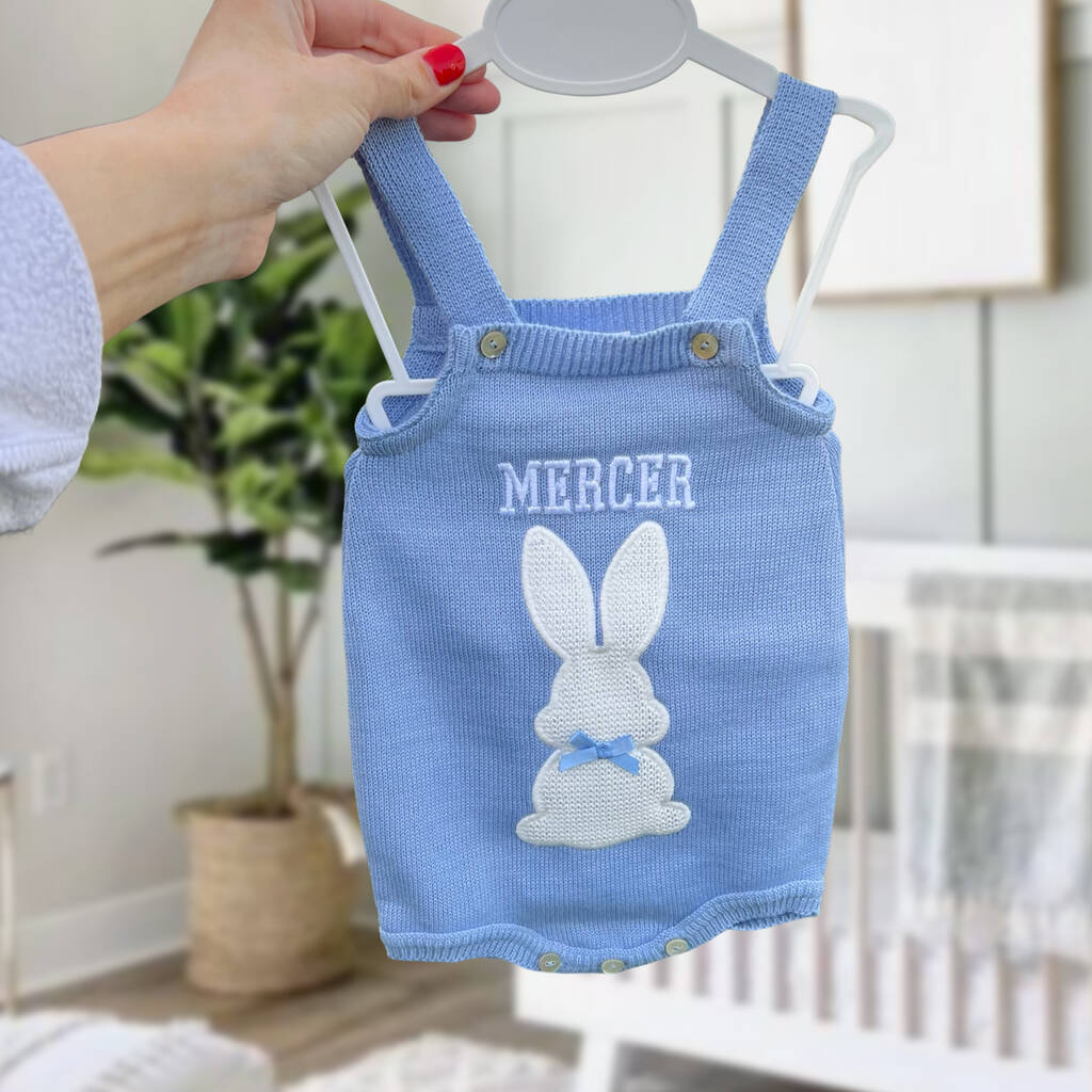 Pale Blue Luxury Knitted Bunny Dungarees, 1 of 4