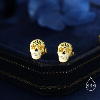 Sterling Silver Enamel Sugar Skull Stud Earrings, 6 of 12
