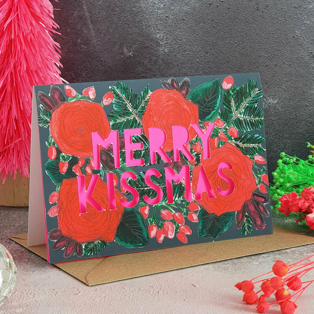 Merry Kissmas Neon Floral Papercut Christmas Card, 1 of 5