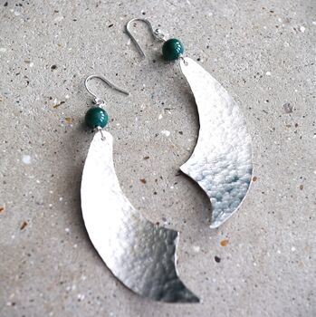 Crescent Hammered Drop Earrings With Malachite Bead, 3 of 3
