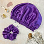 Set Of Two, Silk Scrunchie With Sleep Hair Cap, Purple, thumbnail 1 of 9
