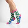 Square Checkerboard Combed Cotton Sheer Pop Socks In Green, thumbnail 1 of 4