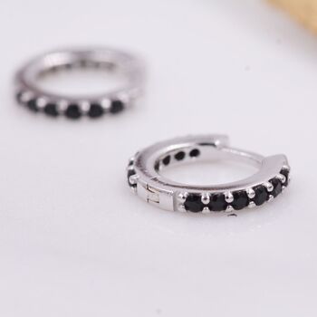 Sterling Silver Minimalist Huggie Hoop Earrings In Sterling Silver With Black Cz Crystals, 3 of 12