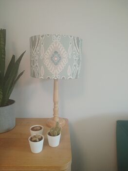 Duck Egg Blue Ikat Print Handmade Lampshade Blue And Grey Tones Table Floor Or Ceiling Pendant, 4 of 6