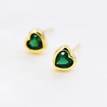 Tiny Emerald Green Cz Heart Stud Earrings, 7 of 12