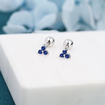 Tiny Three Sapphire Blue Cz Screw Back Earrings, 2 of 9