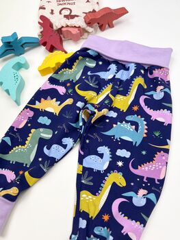 Dinosaur Grow With Me Leggings Lavender Cuffs, 3 of 4