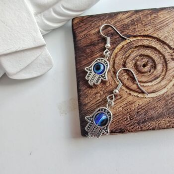 Hamsa Protection Evil Eye Fatima Hand Charm Drop Earrings, 2 of 3