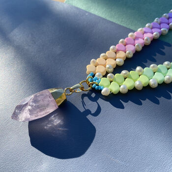 Handmade Pastel Rainbow Rose Quartz Crystal Necklace, 6 of 10