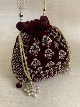 Maroon Velvet Handcrafted Luxury Potli/Wrist Bag, 8 of 10