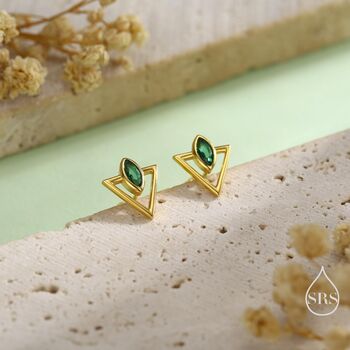 Sterling Silver Triangle And Emerald Green Marquise Cz Arrow Stud Earrings, 5 of 12