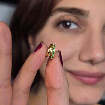 Emerald May Double Hoop Gold Plated Huggie Earrings, 2 of 4