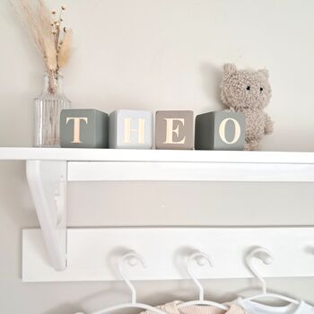 Wooden Nursery Letter Blocks, Personalised Baby Boy Gift Sage, Grey, Taupe, 2 of 12