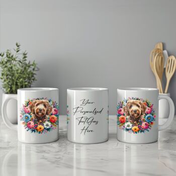 Personalised Labradoodle Summer Floral Dog Wreath Cushion And Mug Gift Bundle, 2 of 4