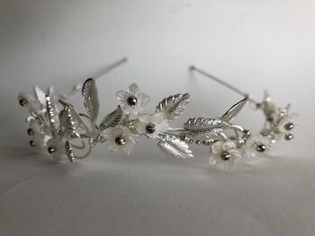 The Ostara Crown Gold Silver Shell Mother Of Pearl Floral Hair Vine Bridal Headpiece, 9 of 12