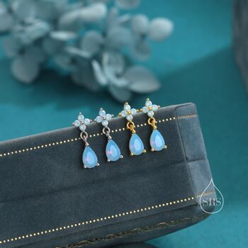 Sterling Silver Four Cz And Droplet Stud Earrings With Opal Blue C Zs, 7 of 12