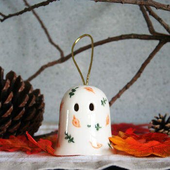 Ceramic Halloween Hanging Ghost Decoration With Autumn Leaves, 2 of 6