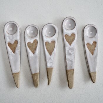 Handmade Mini Valentines Oatmeal Pottery Heart Spoon, 4 of 5