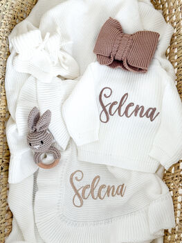White Personalised Embroidered New Baby Name Cardigan, 2 of 12