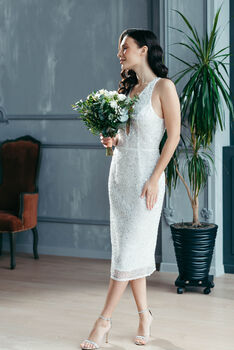 White Sequin Midi Wedding Dress With Deep Plunge And Open Back, 11 of 12