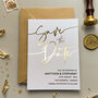 Personalised White Card Gold Foil Wedding Save The Date, thumbnail 1 of 8