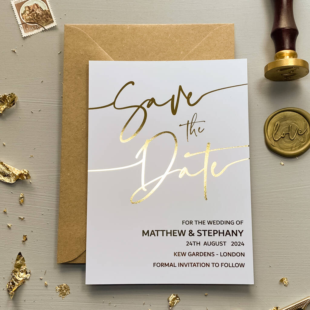Personalised White Card Gold Foil Wedding Save The Date, 1 of 8