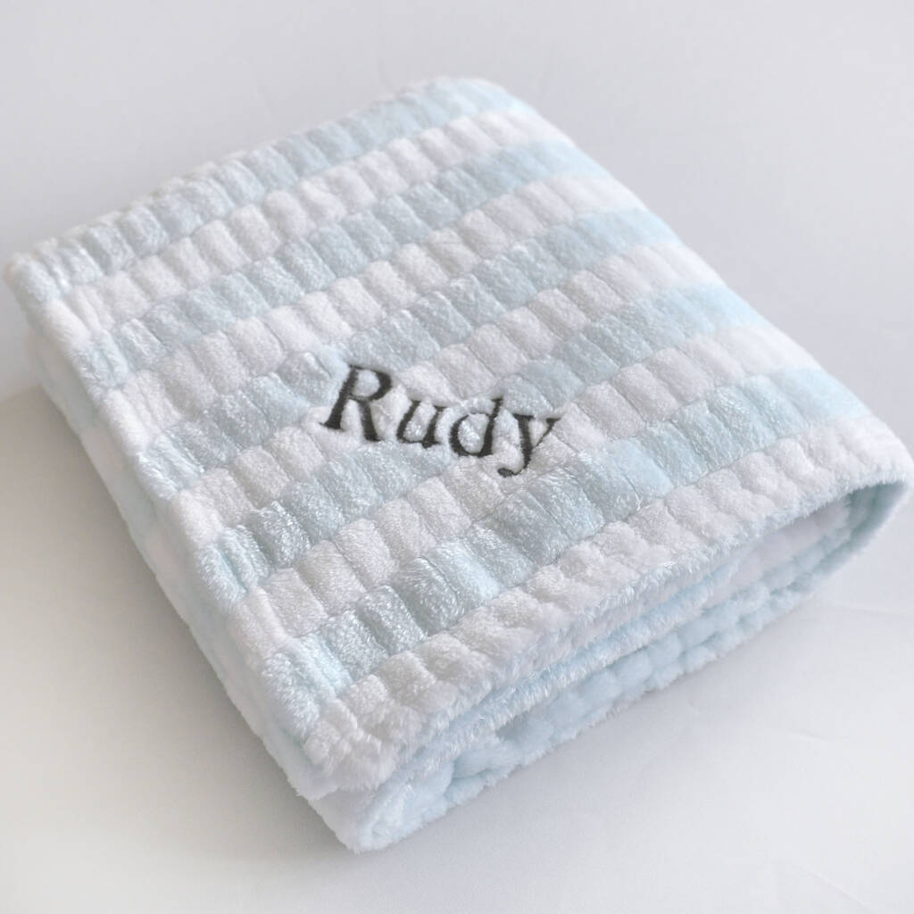 Personalised Soft Blue And White Jacquard Baby Blanket By A Type Of Design