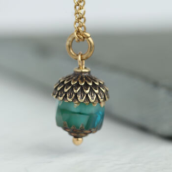 Peacock Blue Gold Acorn Necklace, 2 of 8