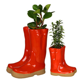 Set Of Two Personalised Poppy Red Welly Boot Planters, 2 of 11