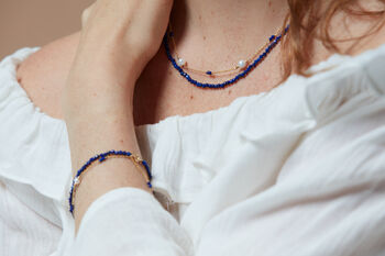 Clara Double Chain Necklace With Lapis Lazuli And Pearls, 3 of 4